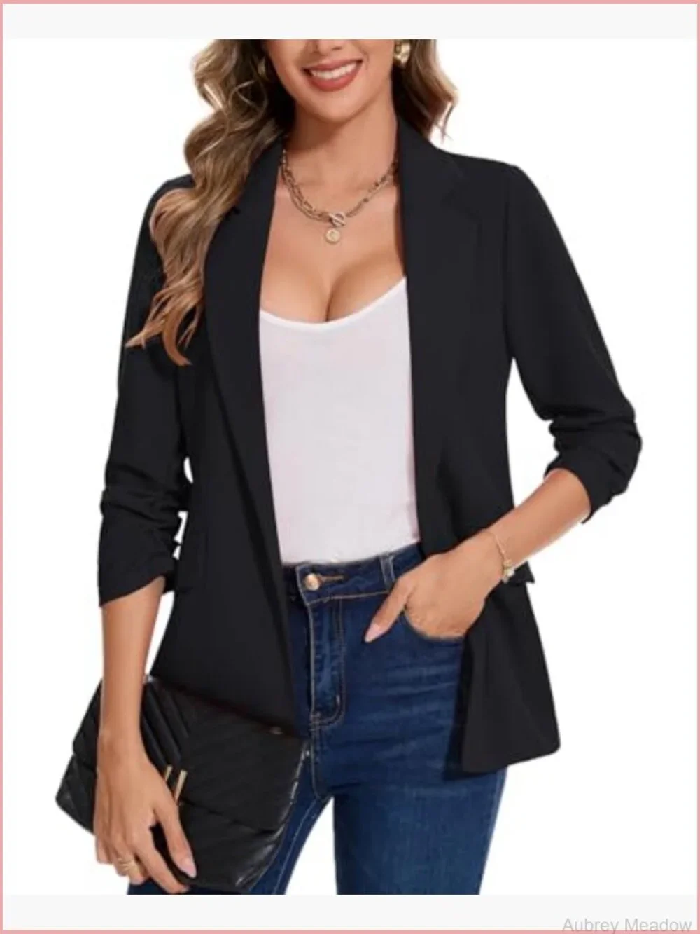 3/4 Ruched Sleeve Blazer Notch Lapel Open Front Jacket with Pockets